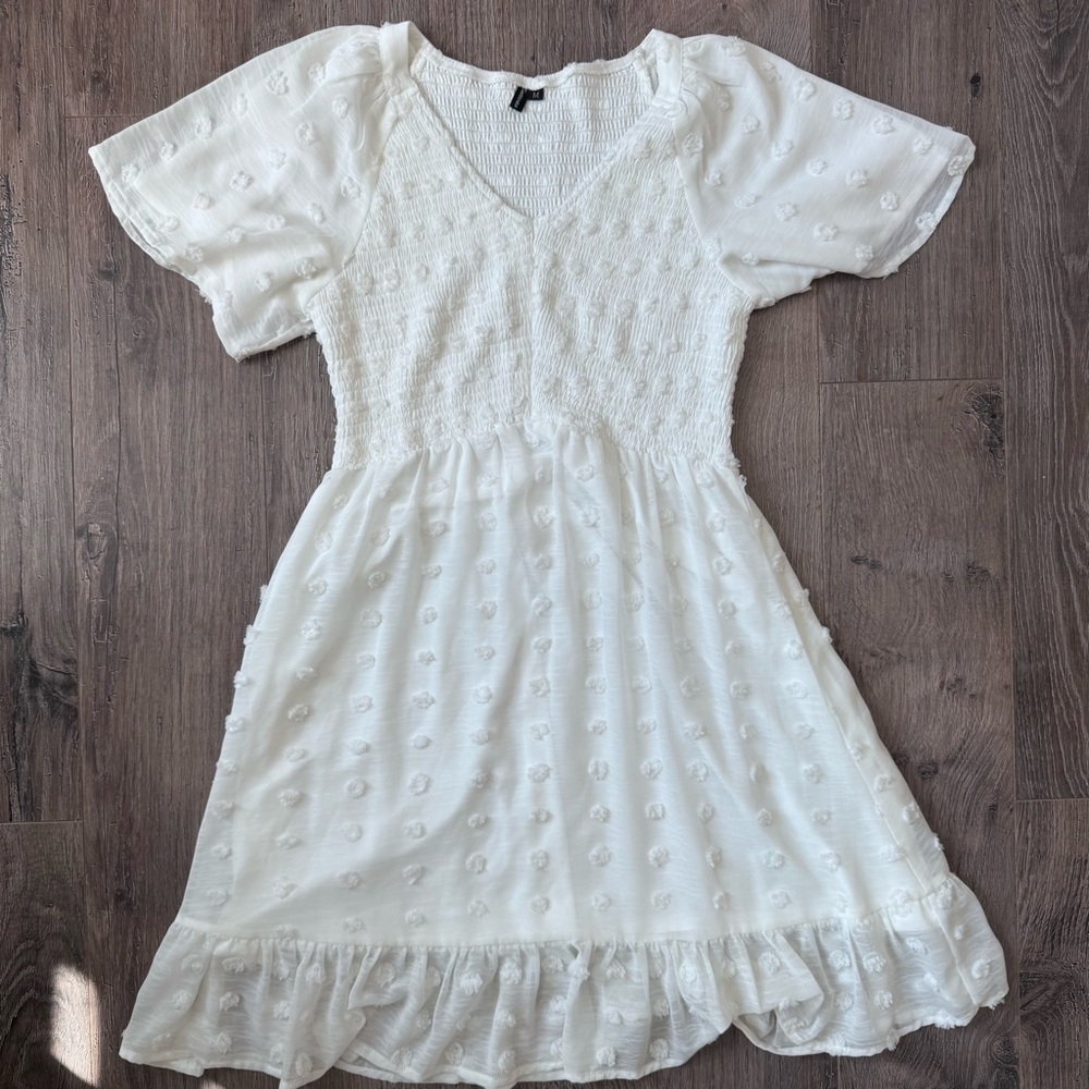 White Textured Short Sleeve Dress